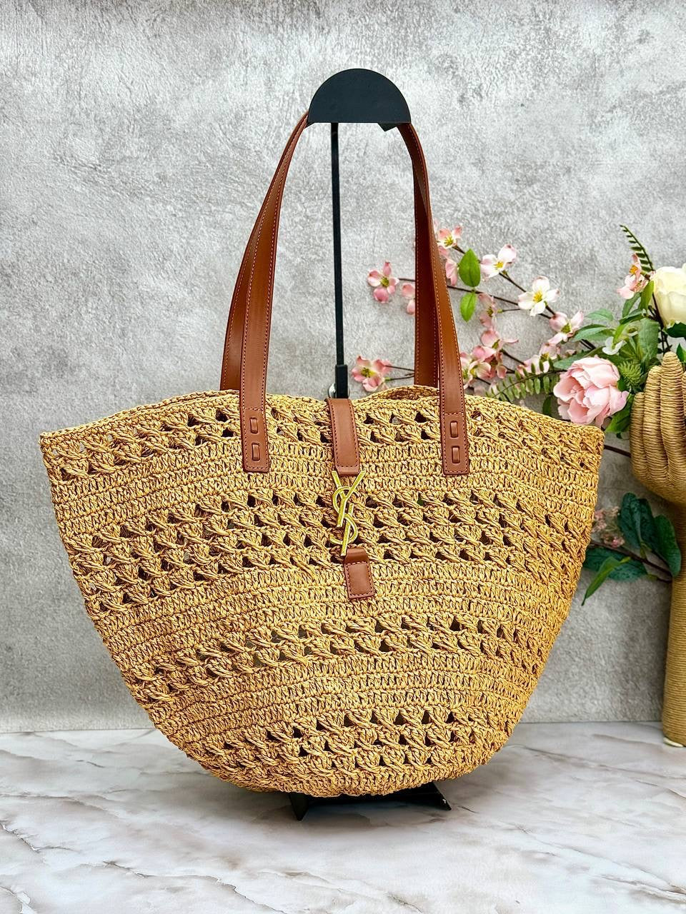 Saint Laurent Panier medium leather-trimmed raffia tote